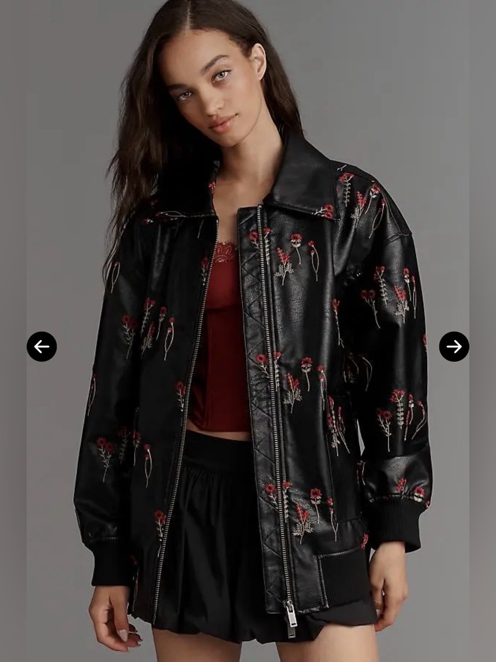 Faux Leather Floral-Embroidered Bomber Jacket